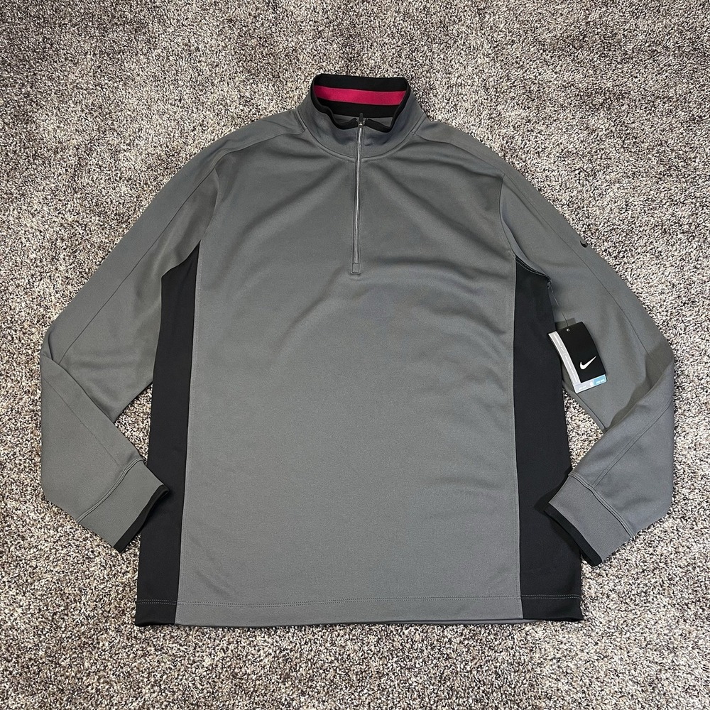 NEW Nike Pullover Jacket Mens Size M Gray 1/4 Zip Golf Dri-Fit Pink Collar Shirt